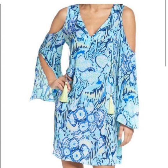 Lilly Pulitzer Benicia Tunic cold shoulder XXS Coastal Dress Blue Boho resort - Picture 1 of 12